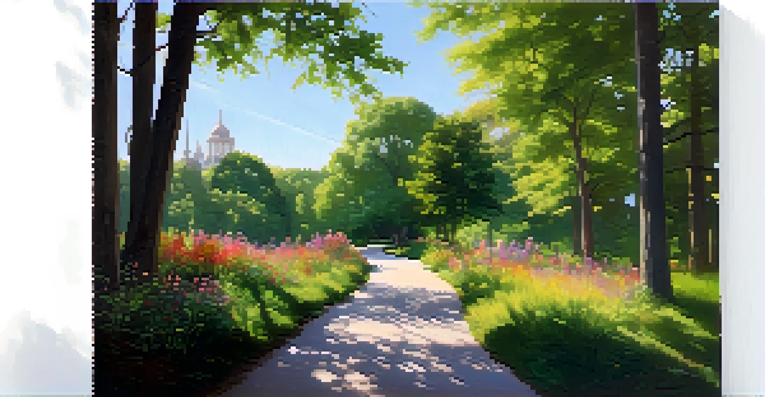 A peaceful trail in Forest Park with trees and wildflowers, sunlight filtering through the leaves, and the St. Louis Art Museum in the distance.