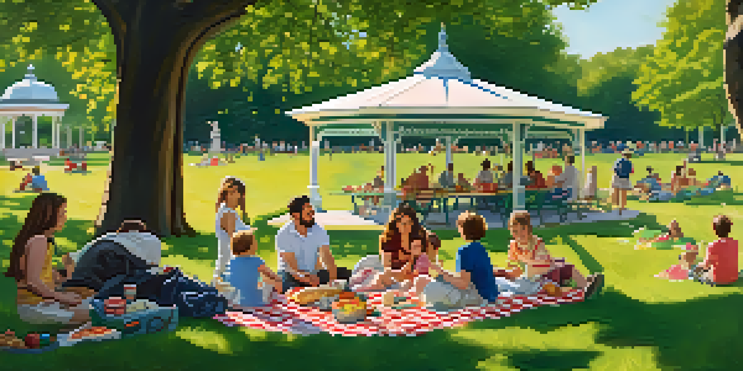 Families having a picnic at Tower Grove Park under a pavilion, with picnic blankets on the grass, children playing, and flowers in bloom.