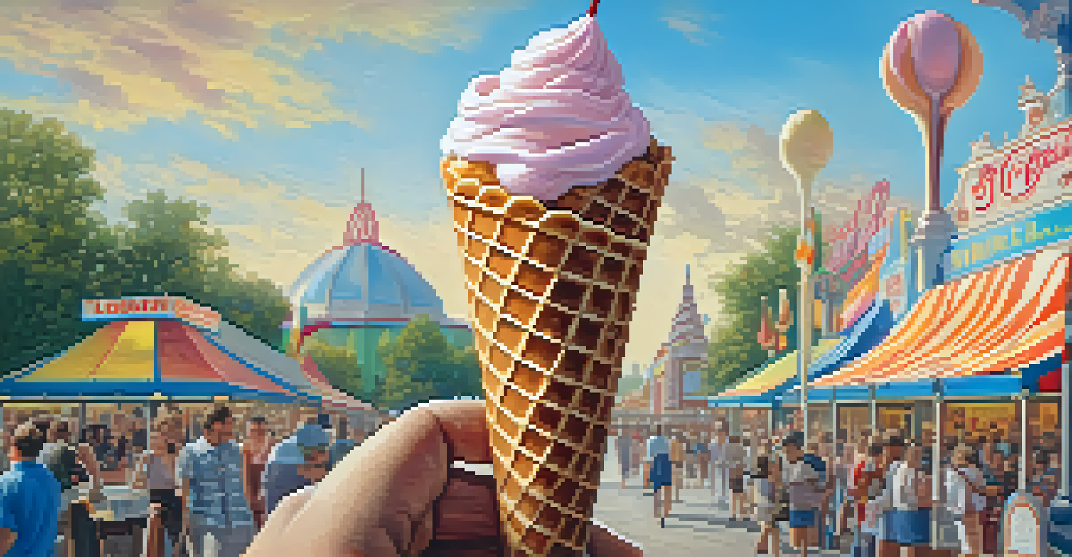 A close-up of a waffle cone filled with ice cream, with the blurred background of the 1904 World's Fair depicting colorful attractions and visitors.