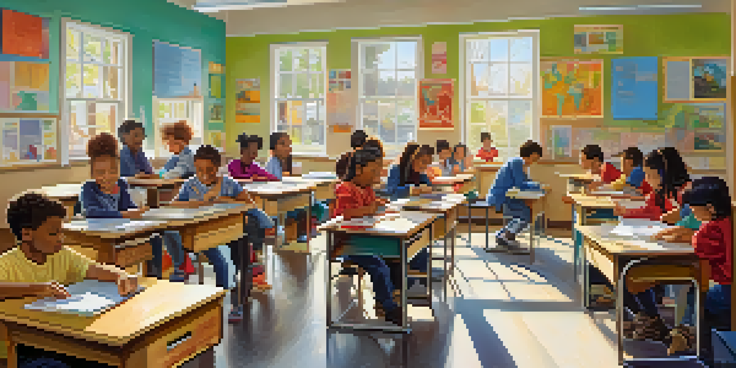 A lively classroom with diverse students working together at colorful desks, illuminated by sunlight through large windows.