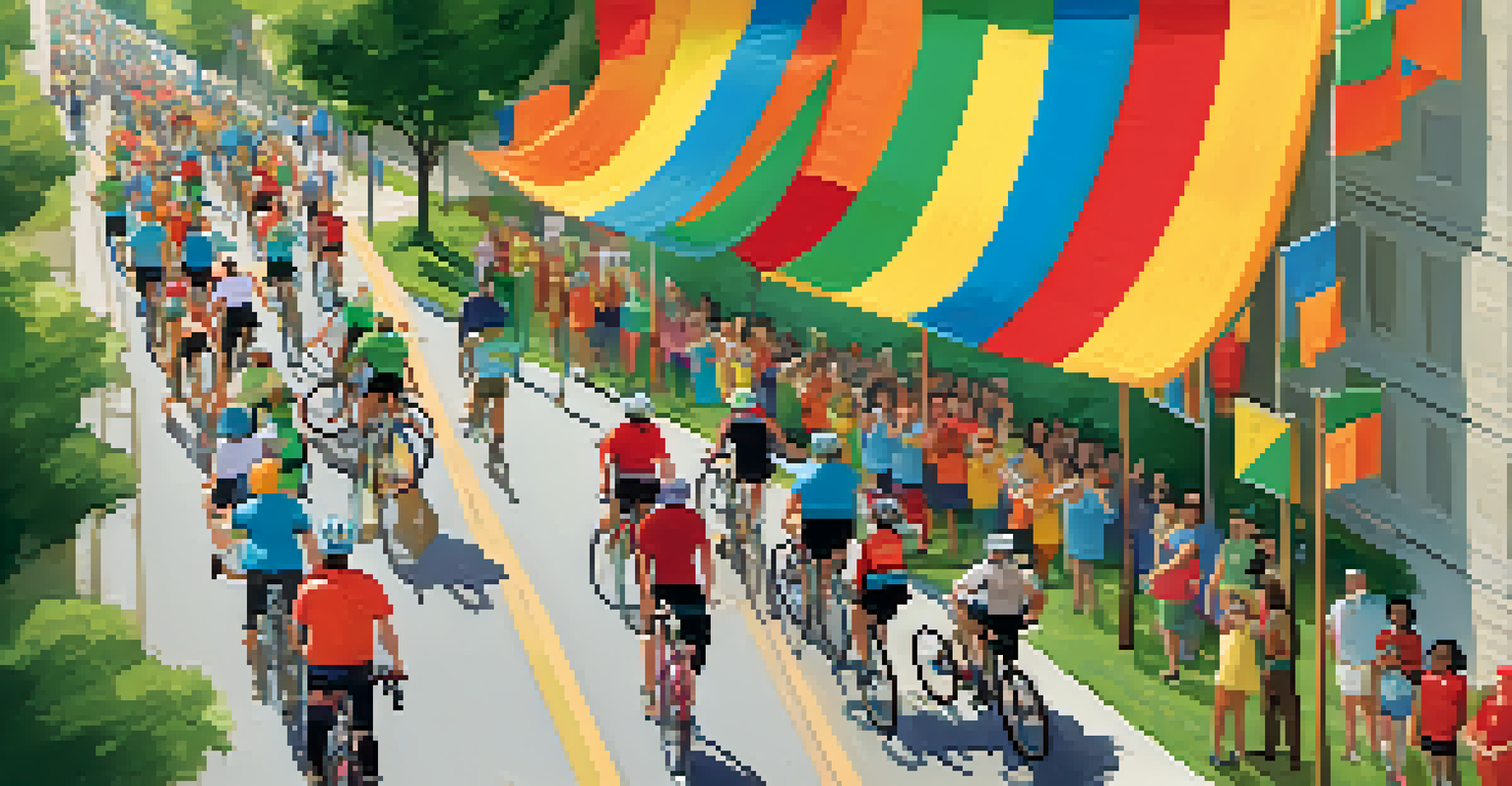 A community biking event with cyclists riding together along a decorated street.