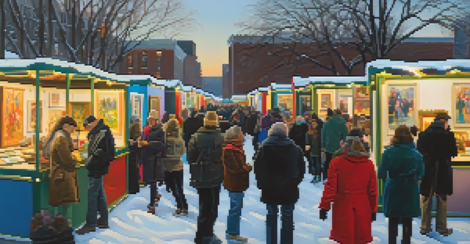 A lively outdoor art fair in St. Louis with colorful booths and artists showcasing their work, accompanied by live musicians in a winter setting.