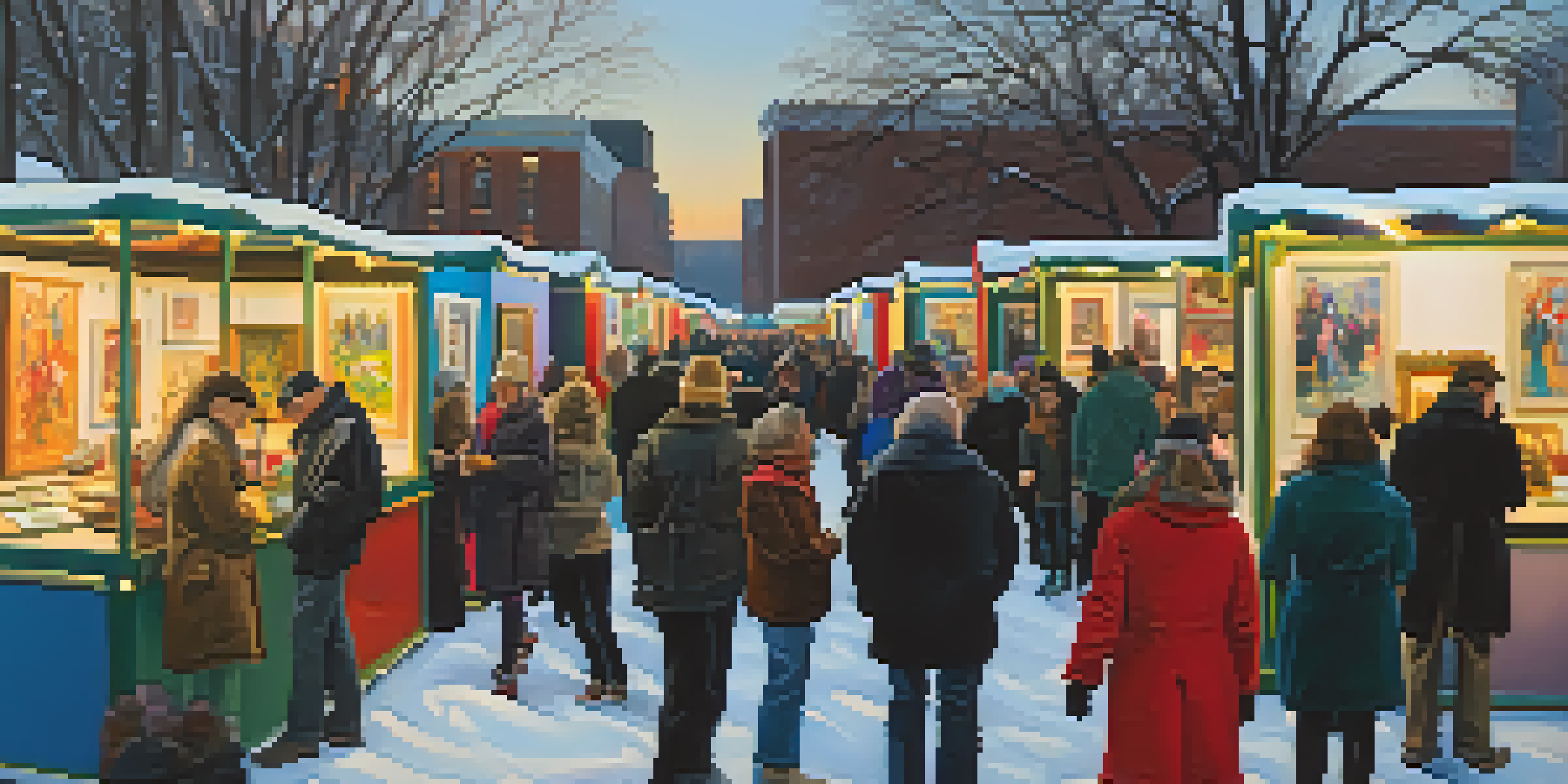 A lively outdoor art fair in St. Louis with colorful booths and artists showcasing their work, accompanied by live musicians in a winter setting.