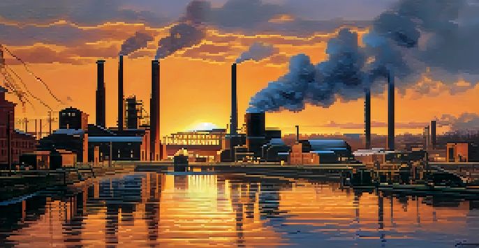 A vibrant scene of St. Louis manufacturing along the Mississippi River with workers and factories during sunset.