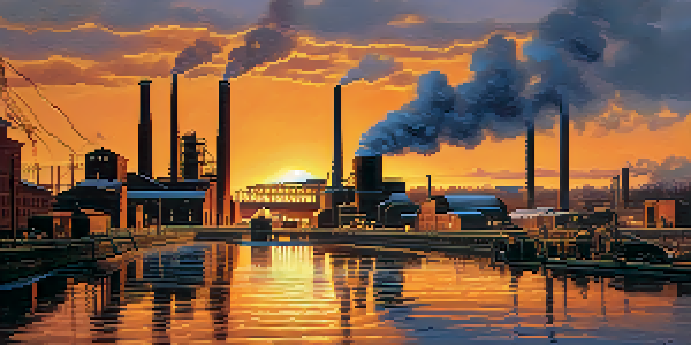 A vibrant scene of St. Louis manufacturing along the Mississippi River with workers and factories during sunset.