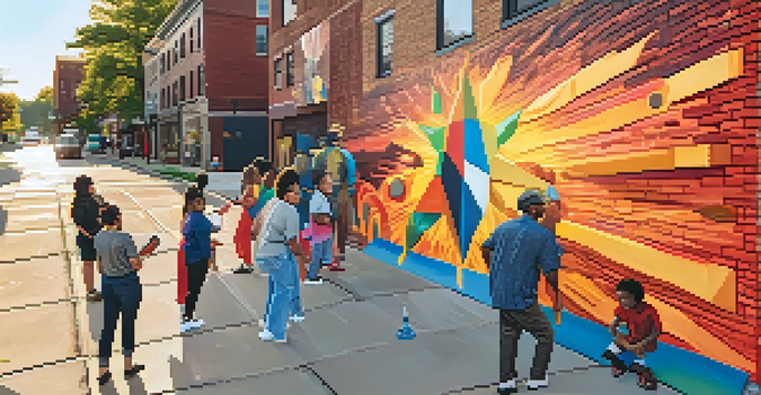 A local artist painting a large mural on a brick wall in St. Louis, with colorful abstract designs and a diverse crowd watching.