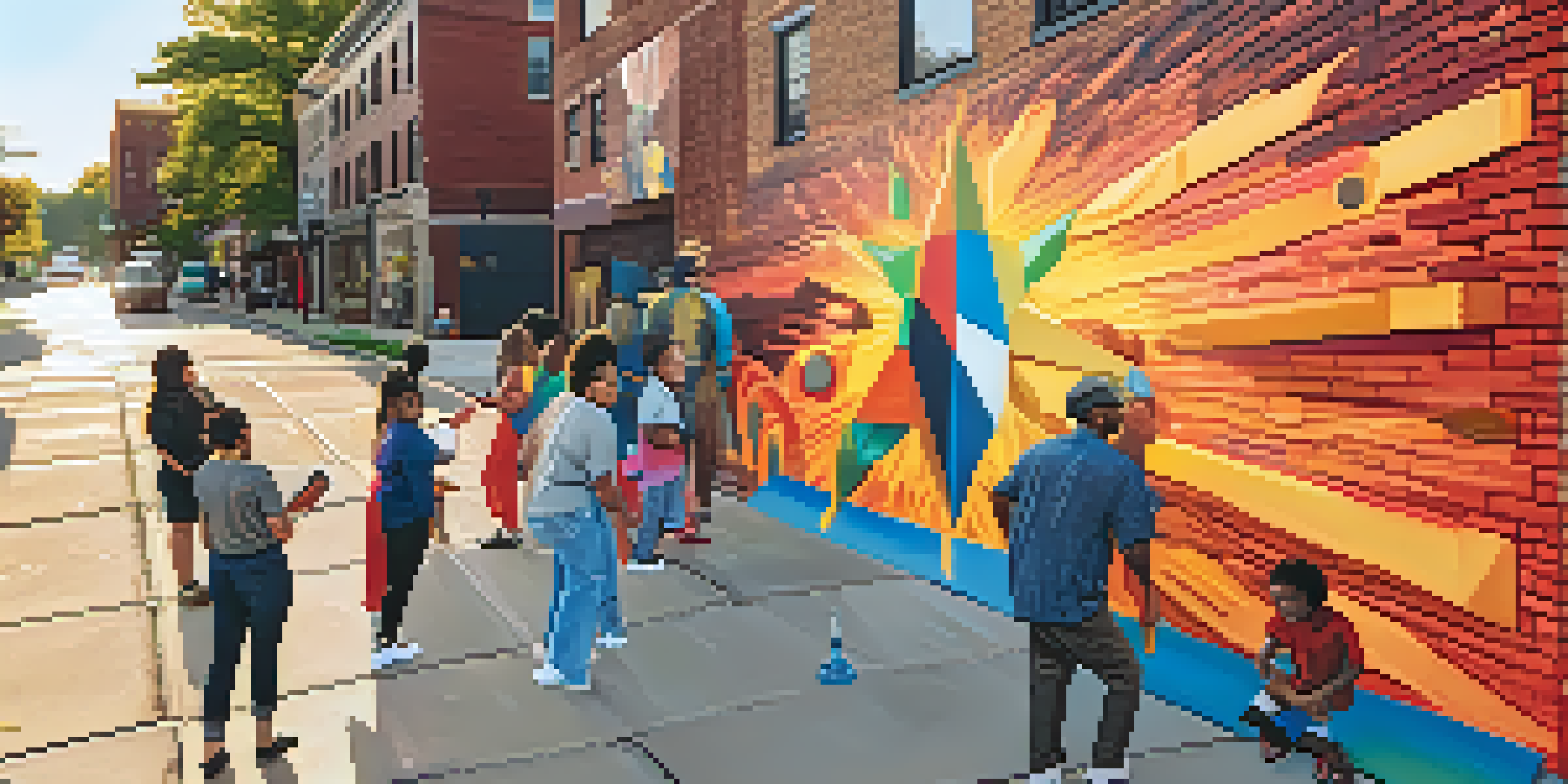 A local artist painting a large mural on a brick wall in St. Louis, with colorful abstract designs and a diverse crowd watching.