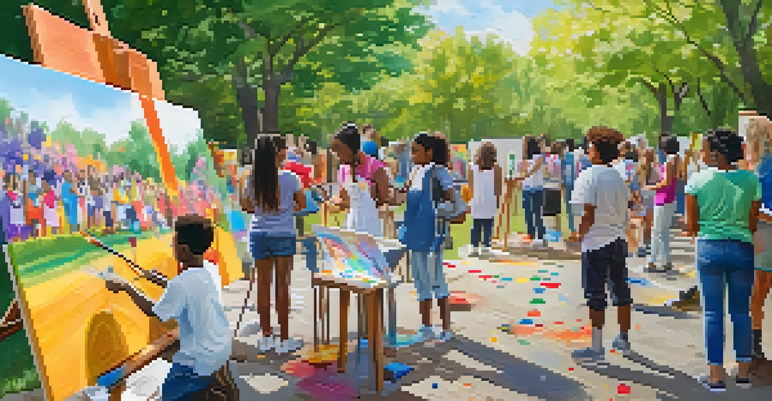 An outdoor community art workshop where students are painting murals under the guidance of a local artist, surrounded by nature.