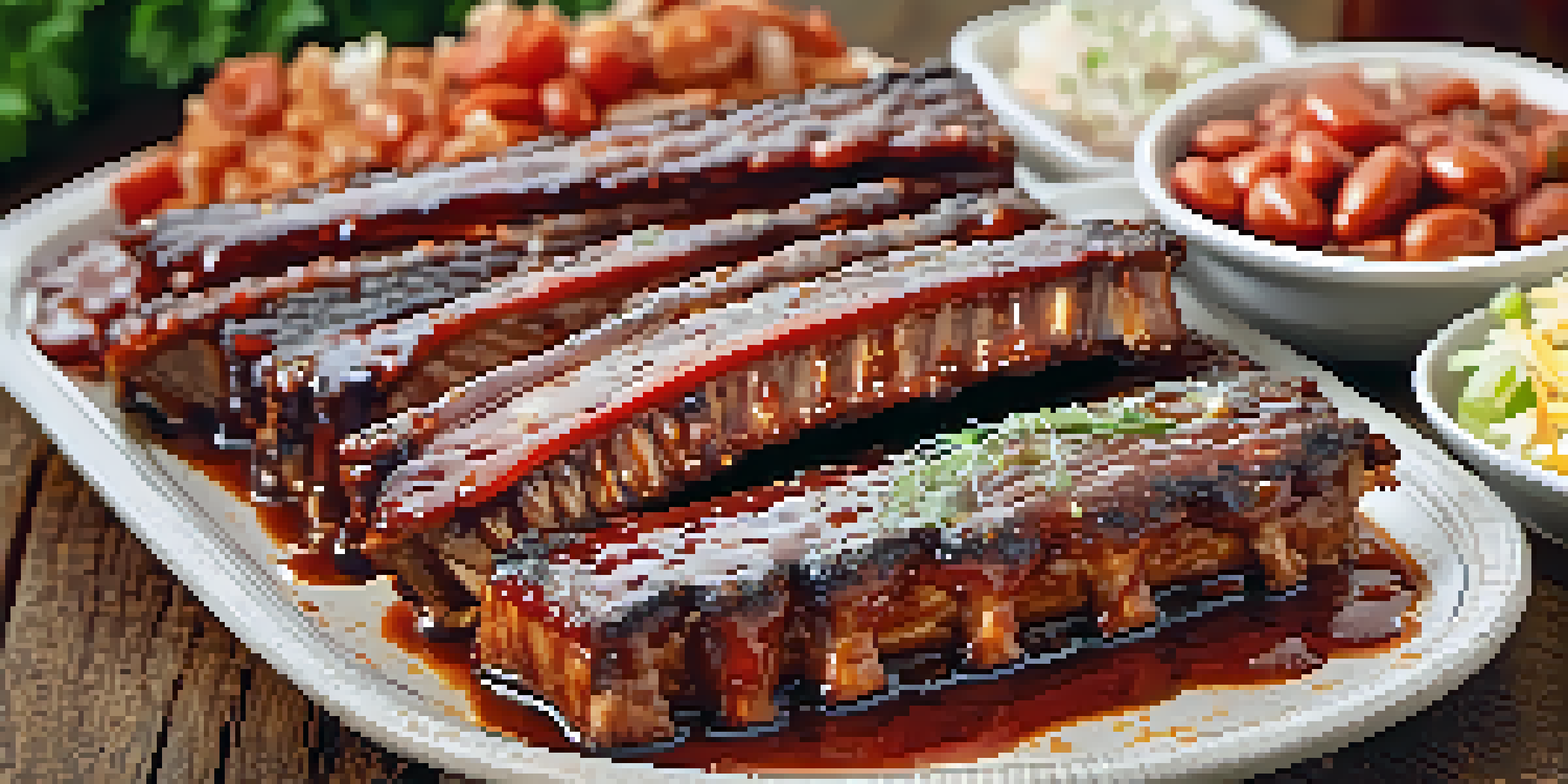 A close-up of St. Louis-style BBQ ribs with sauce, baked beans, and coleslaw on a wooden table.