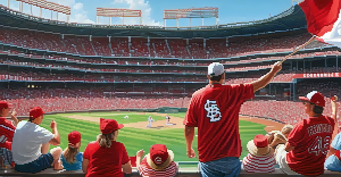 A lively crowd of St. Louis Cardinals fans in red and white jerseys cheering at a baseball game in Busch Stadium, with a family in the foreground enjoying snacks.