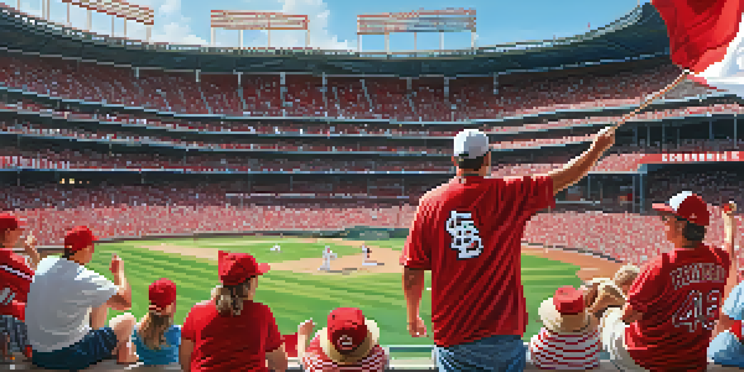 A lively crowd of St. Louis Cardinals fans in red and white jerseys cheering at a baseball game in Busch Stadium, with a family in the foreground enjoying snacks.