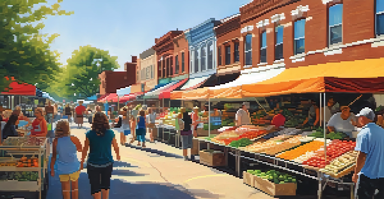 A busy farmers market in North City, St. Louis, featuring local vendors and shoppers, with colorful canopies and a cheerful atmosphere.