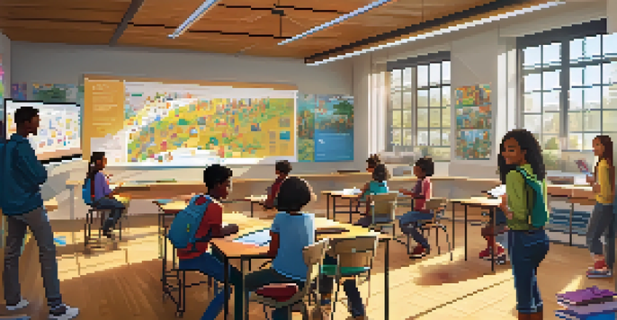 A diverse group of students collaborating in a bright classroom with a smart board and colorful educational content.