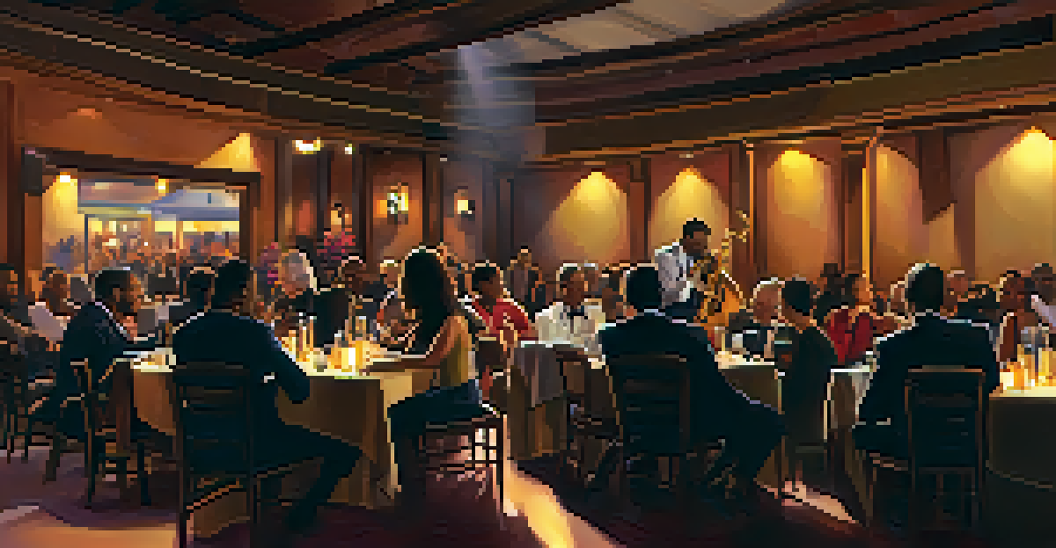 An indoor jazz festival with musicians performing in a cozy venue, warmly lit with an audience enjoying the music.