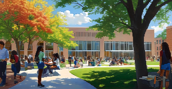 A lively community college campus in St. Louis with diverse students engaged in outdoor learning, surrounded by greenery and modern buildings, illuminated by bright sunlight.