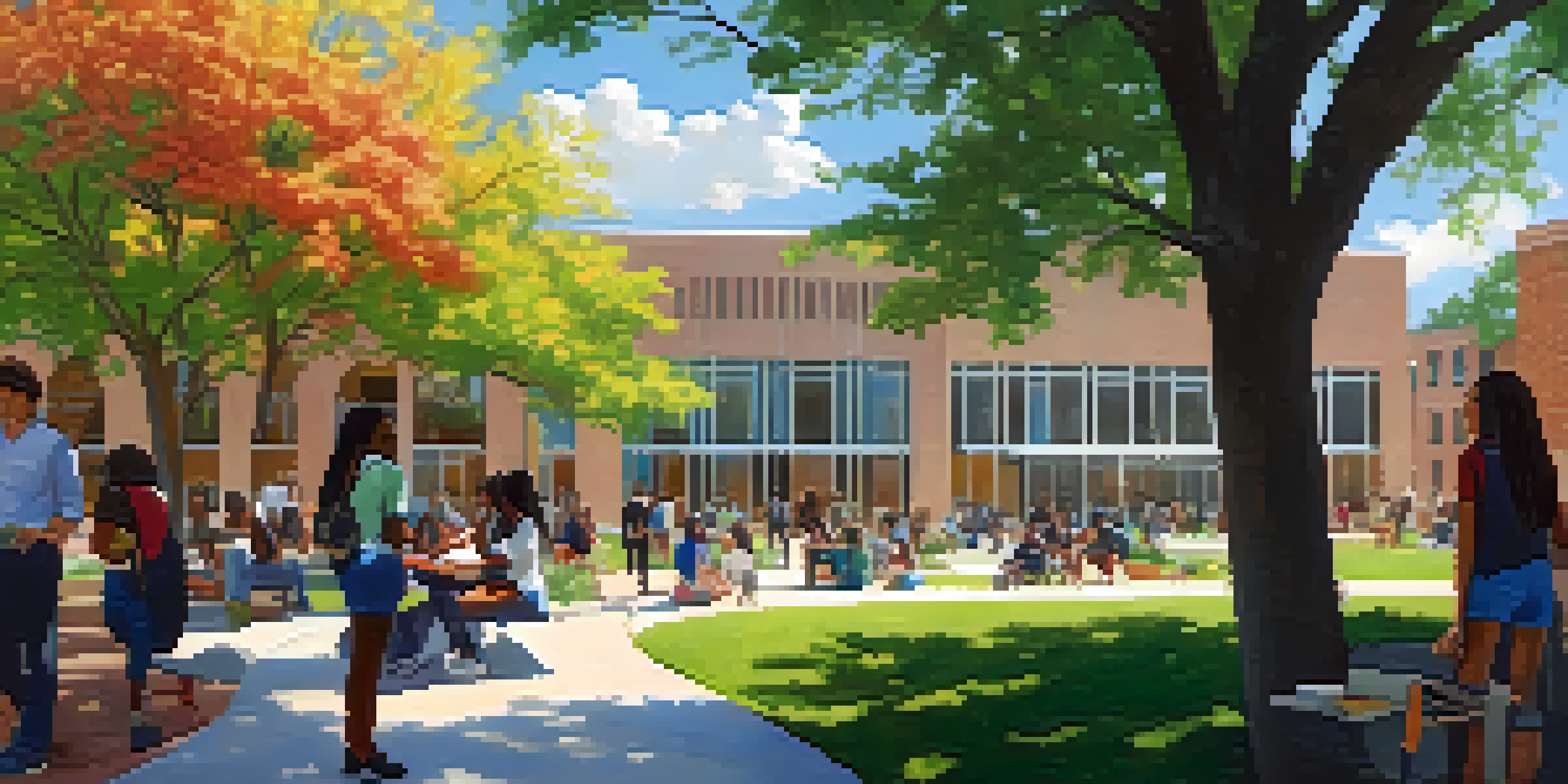 A lively community college campus in St. Louis with diverse students engaged in outdoor learning, surrounded by greenery and modern buildings, illuminated by bright sunlight.