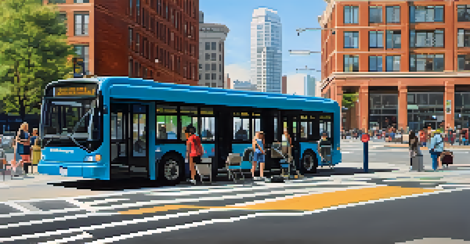An accessible MetroBus stop in St. Louis showing a bus with a ramp, clear signage, and people waiting in a lively urban setting.