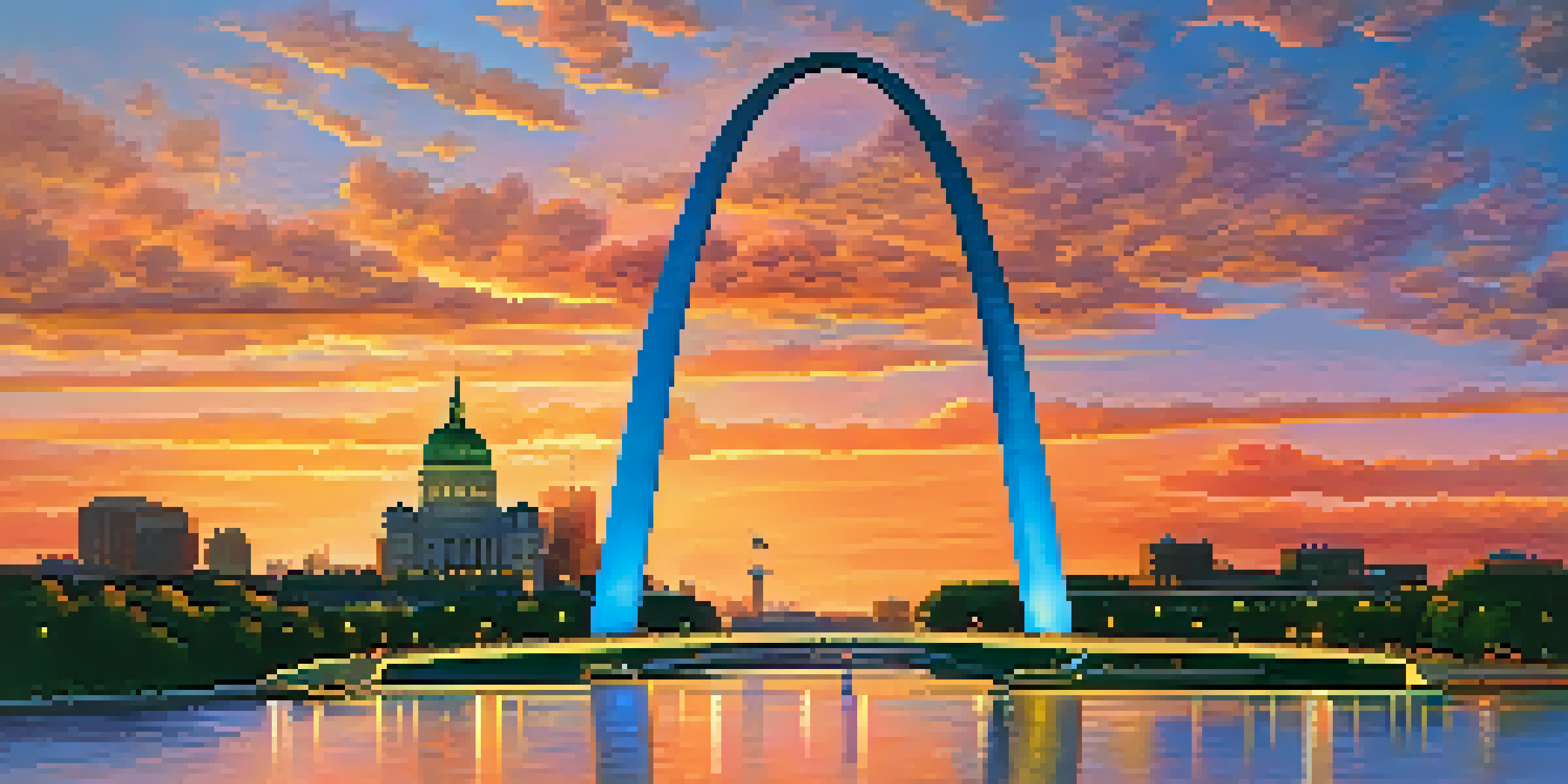 A scenic sunset view of the Gateway Arch in St. Louis, with the Mississippi River in the foreground and colorful clouds in the sky.