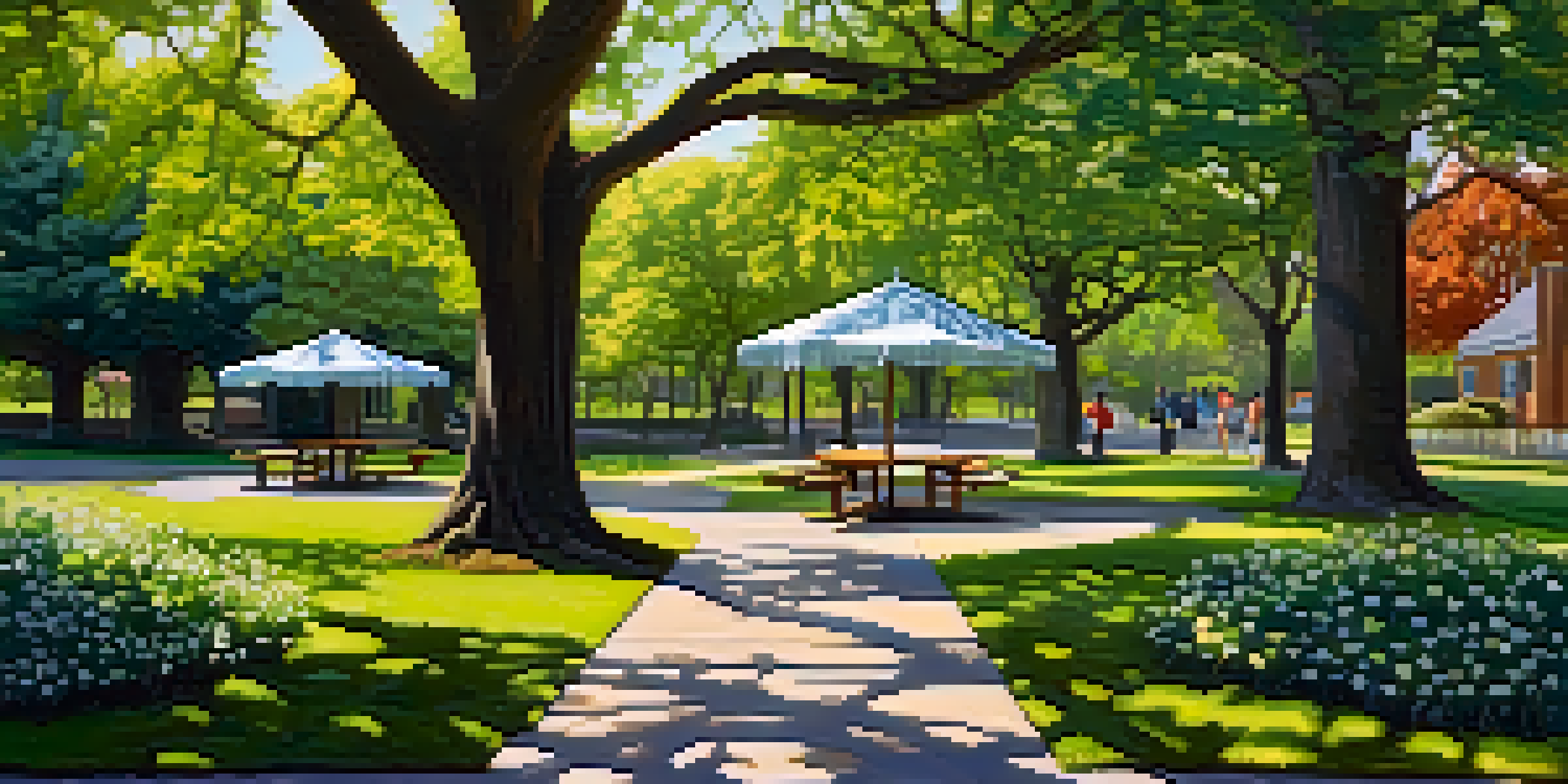 A serene picnic scene in a lush green park, with a blanket under an oak tree and colorful flowers in the background.