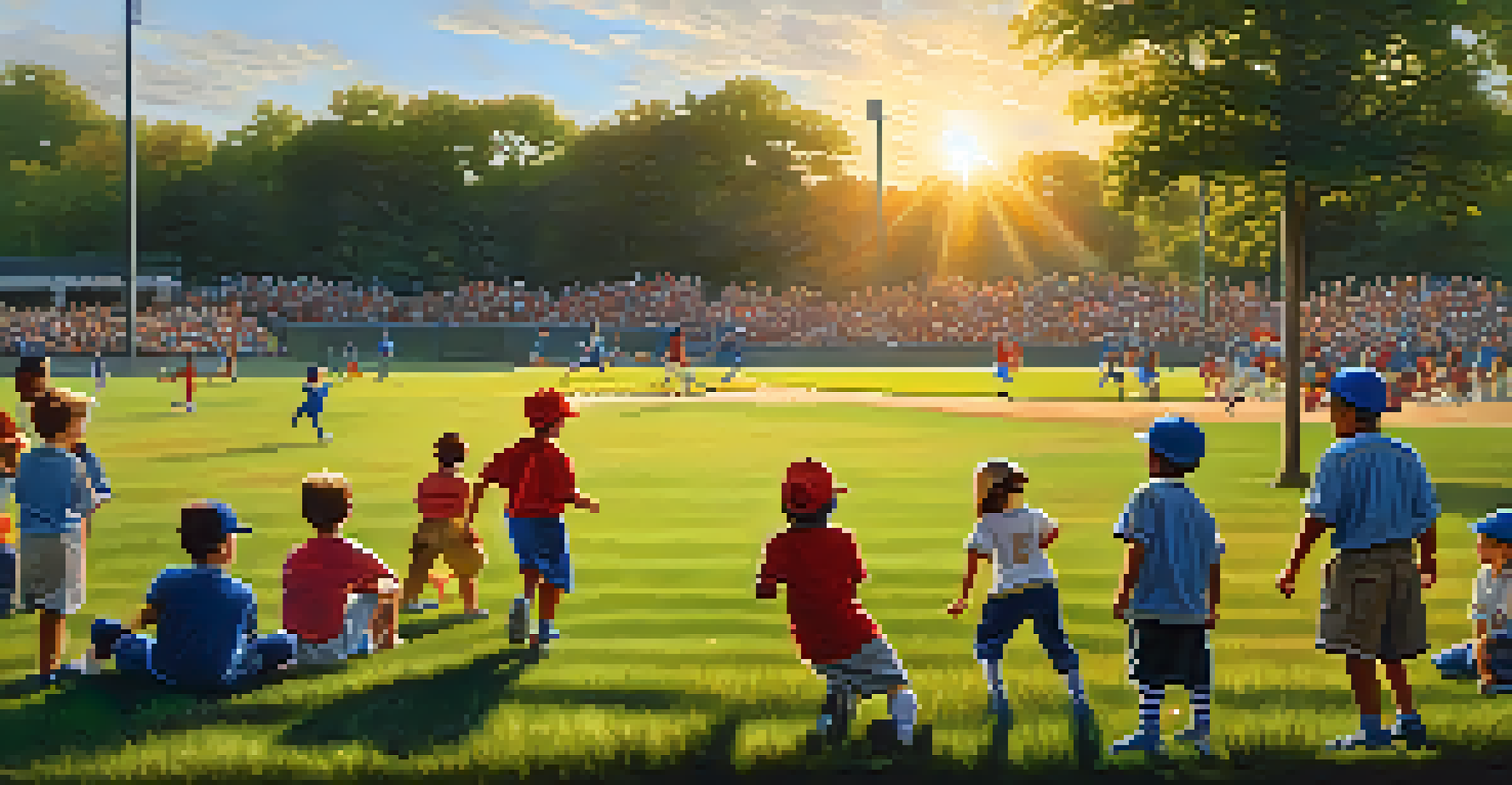 Children playing baseball in a sunny park in St. Louis, with cheering parents on the sidelines and a lively atmosphere.