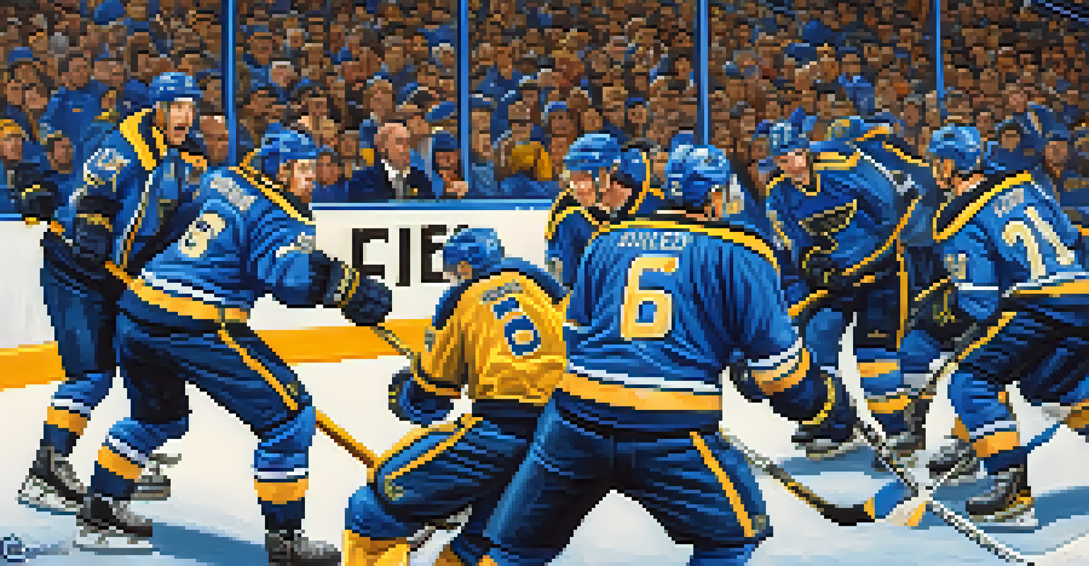 An action-packed scene from a St. Louis Blues hockey game, featuring players competing on the ice with enthusiastic fans in the background.