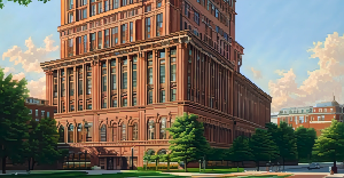 A sunset view of the Wainwright Building in St. Louis, showcasing its detailed terra cotta work and tall, vertical structure amidst a green environment.