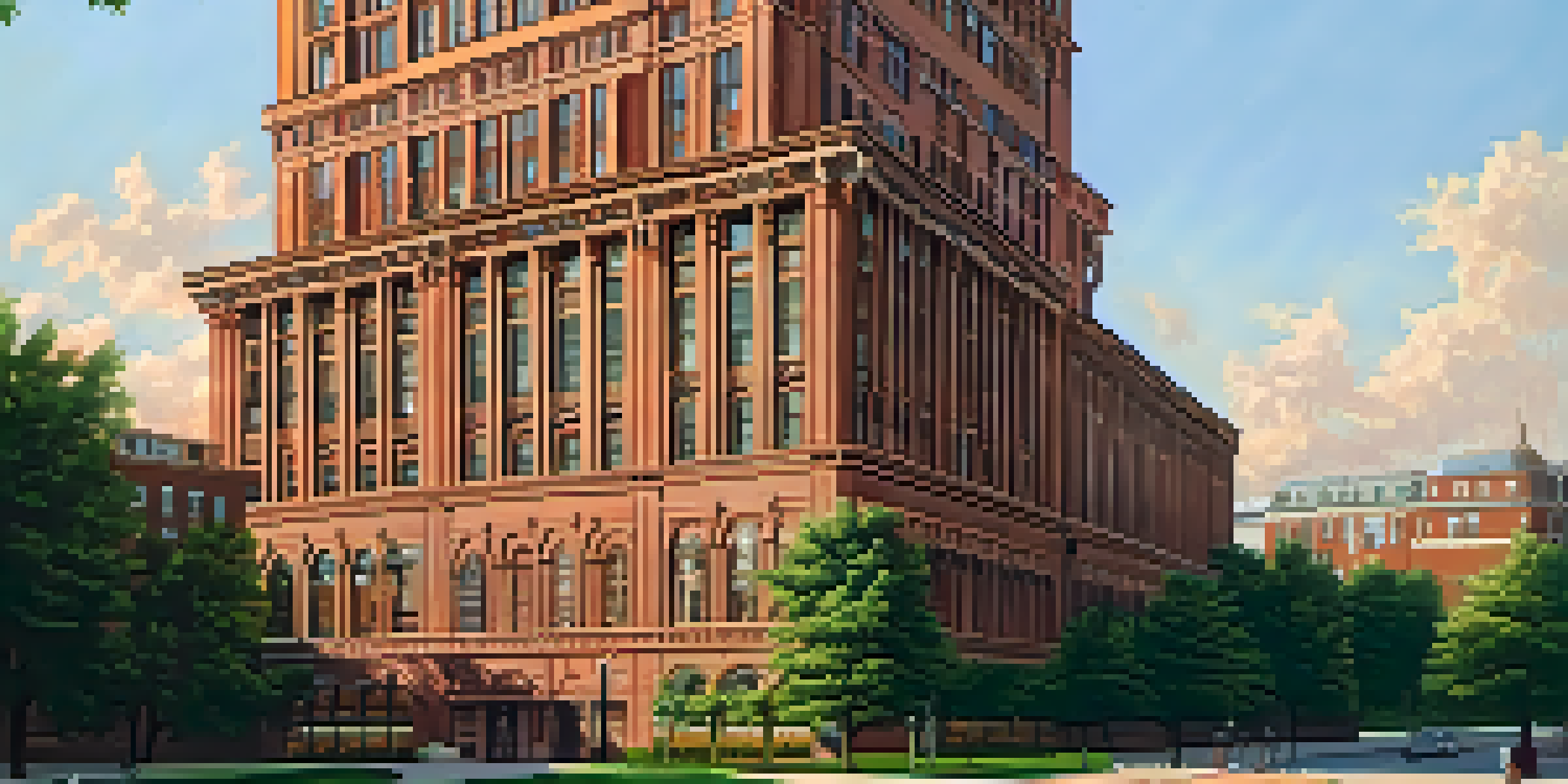 A sunset view of the Wainwright Building in St. Louis, showcasing its detailed terra cotta work and tall, vertical structure amidst a green environment.