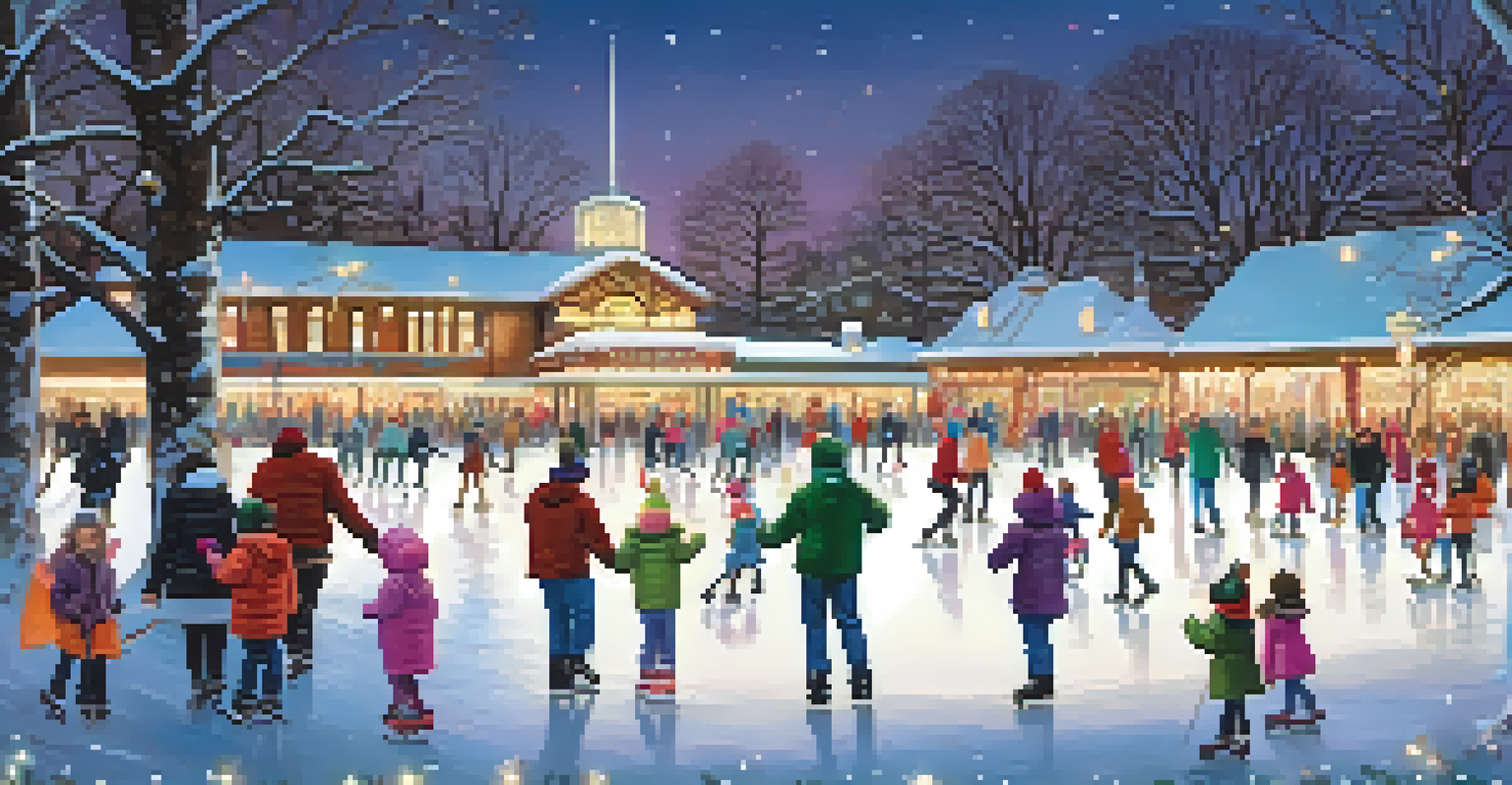 A lively winter scene at an ice skating rink in Forest Park, St. Louis, with holiday lights, skaters, and snowflakes adding to the festive atmosphere.