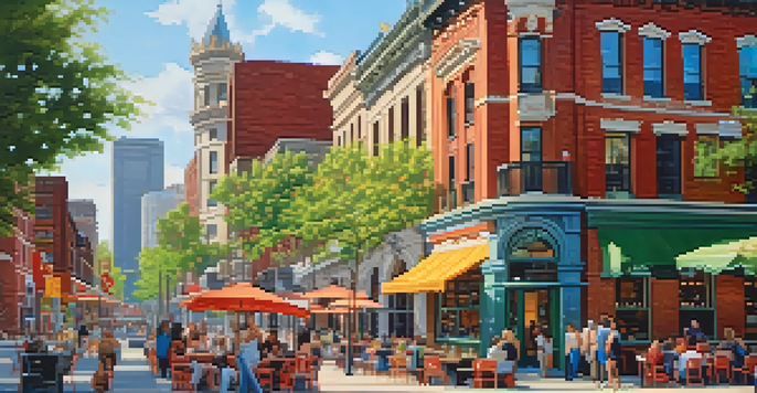A lively urban street in St. Louis with a mix of old and new buildings, an outdoor café, colorful murals, and sunlight filtering through trees.