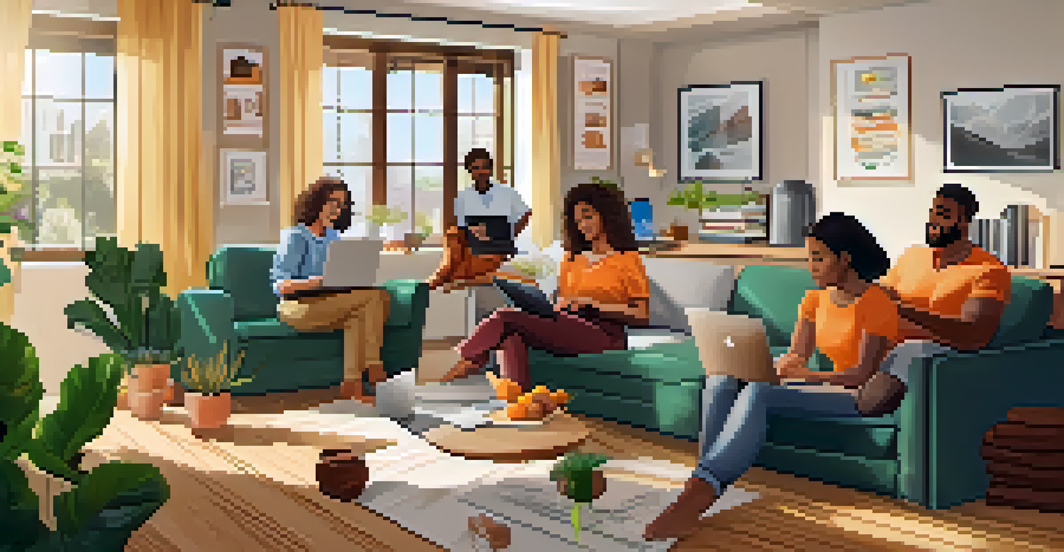 A vibrant online learning scene with diverse adults using laptops and tablets in cozy home settings, emphasizing motivation and engagement in education.