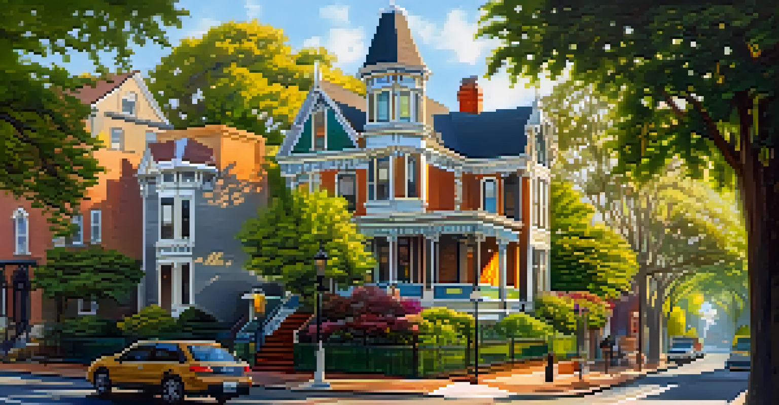 A charming Victorian neighborhood with ornate houses, greenery, and sunlight filtering through the trees.