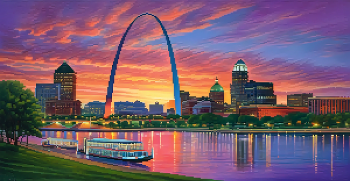 A panoramic view of the St. Louis skyline at sunset with the Gateway Arch, vibrant sky colors reflecting on the river, and people in parks.