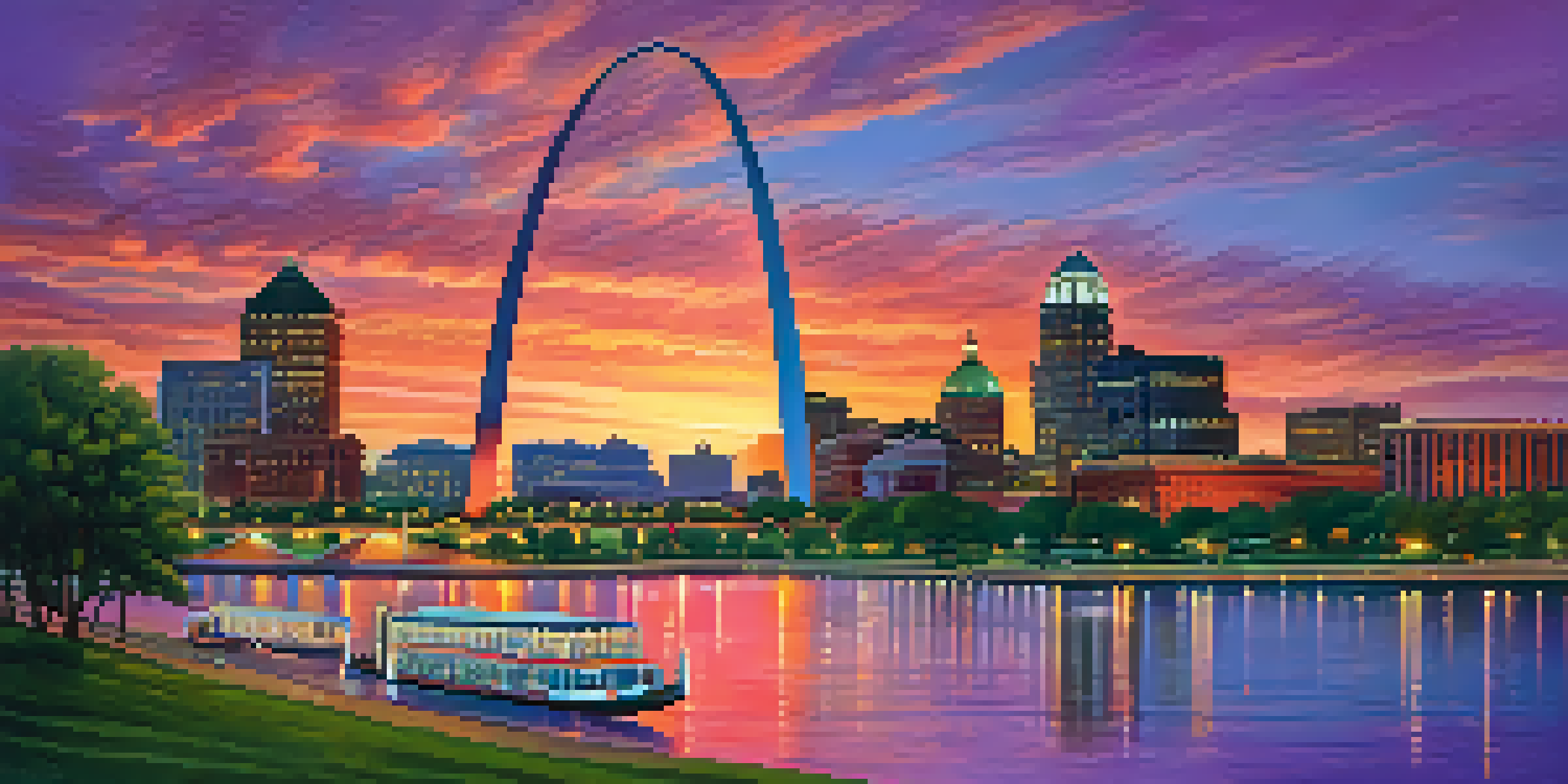 A panoramic view of the St. Louis skyline at sunset with the Gateway Arch, vibrant sky colors reflecting on the river, and people in parks.