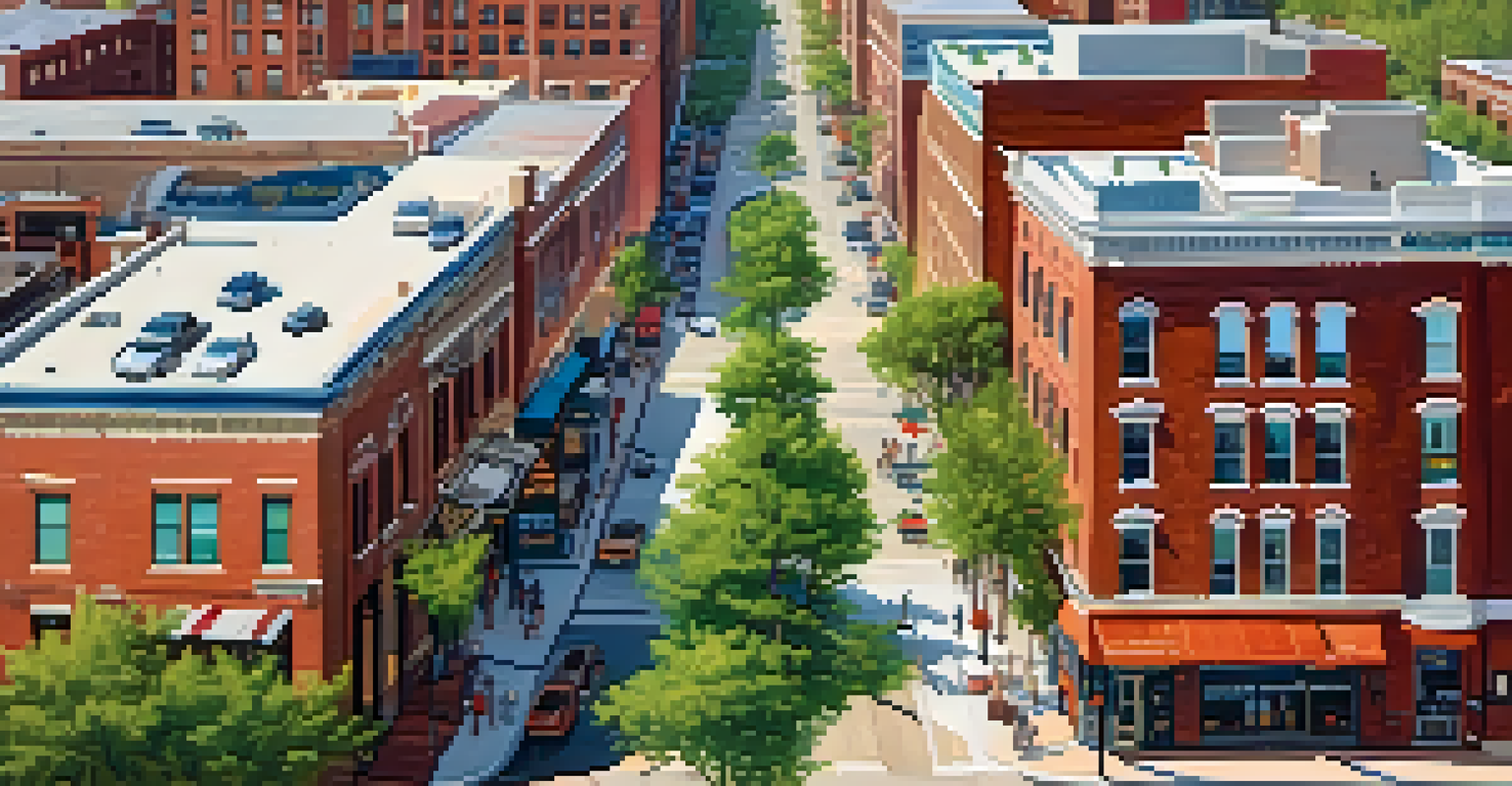 An aerial perspective of the Delmar Loop in St. Louis, filled with shops, restaurants, and people enjoying the vibrant community.