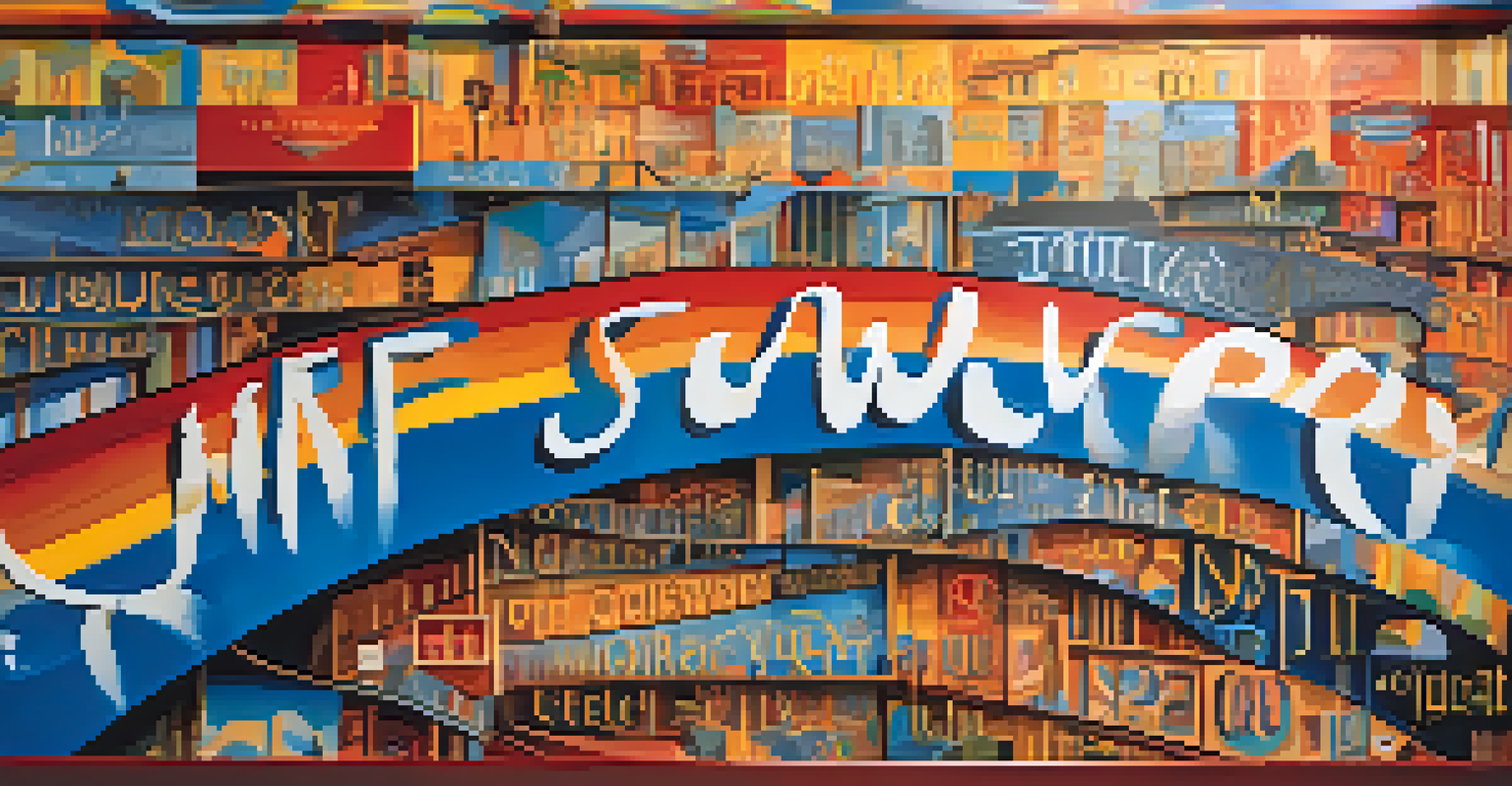 A detailed view of a mural that integrates poetry and artistic illustrations, featuring vivid colors and flowing text, inviting viewers to engage with the art and its meanings.