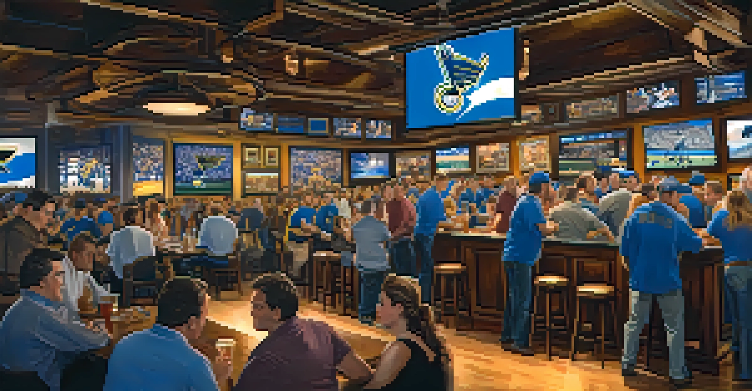 A cozy sports bar in St. Louis with fans wearing blue and gold watching a hockey game, surrounded by memorabilia of the St. Louis Blues.