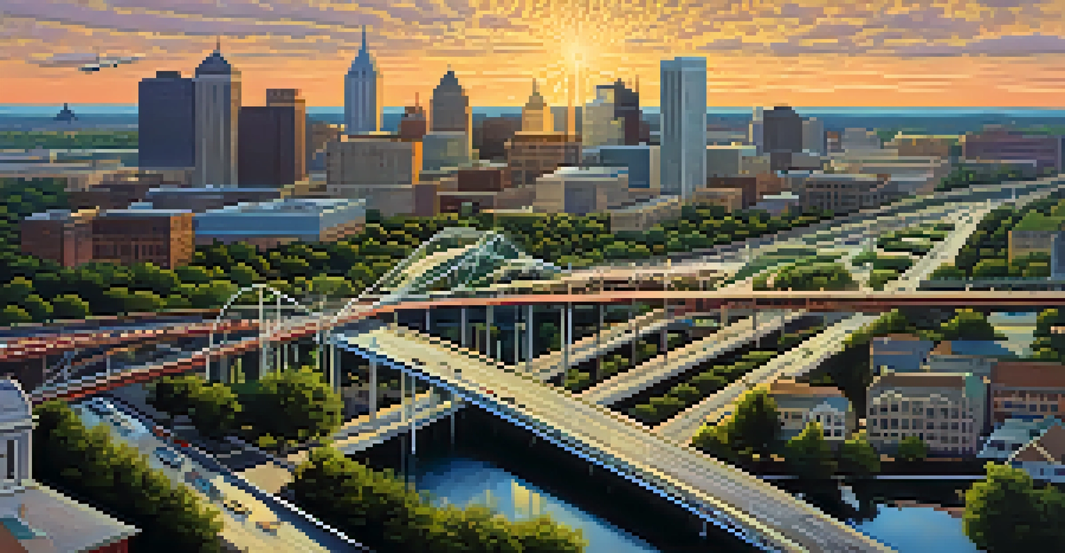 Aerial view of St. Louis showcasing its transportation infrastructure with roads, bridges, and parks under a sunset sky.
