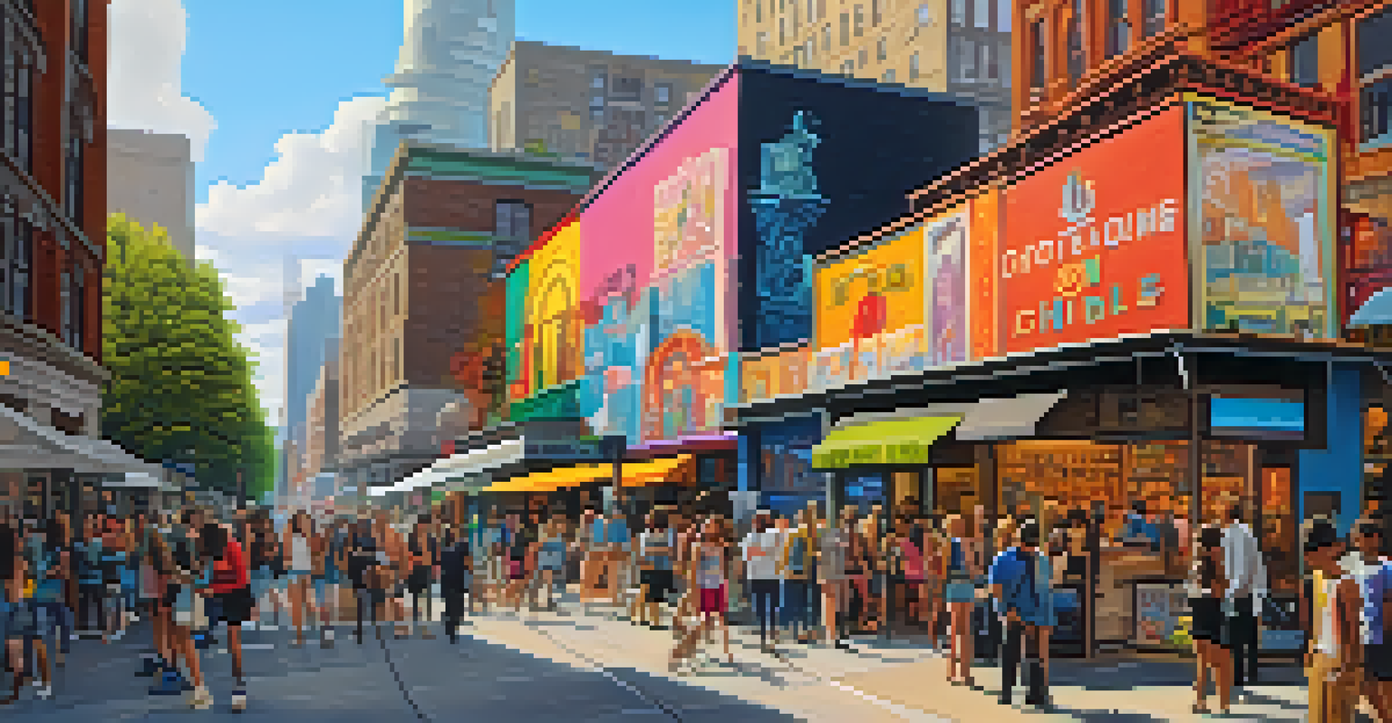 A vibrant street scene in The Loop, featuring eclectic shops and colorful street art, with people exploring the area in a lively atmosphere.