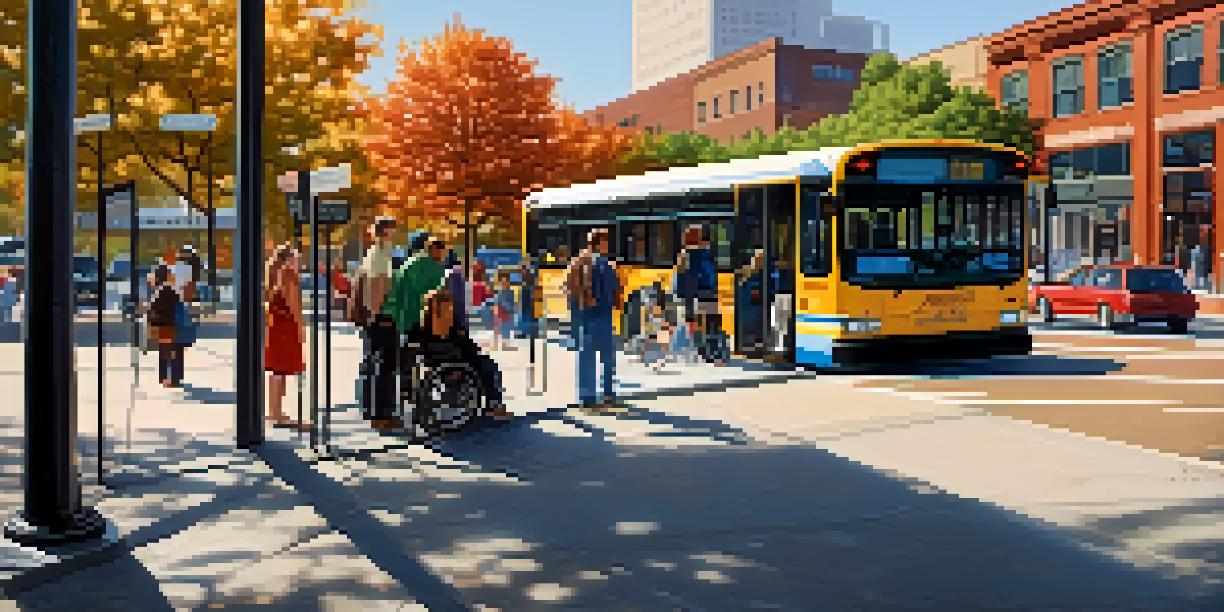 A busy bus stop in St. Louis featuring accessible buses and diverse passengers, including people with disabilities.