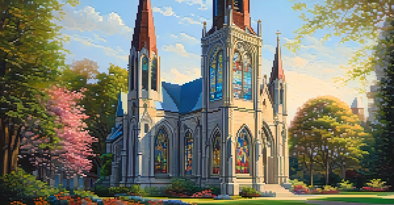 Close-up view of a Gothic Revival church in St. Louis showcasing detailed architecture and colorful stained glass.