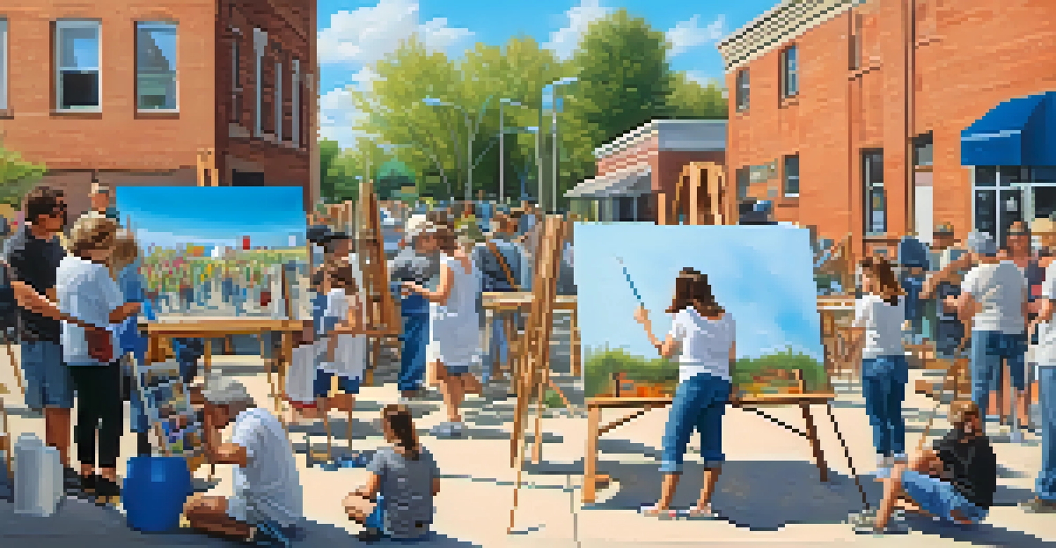 A community workshop in a transformed vacant lot, featuring people of various ages painting on a large canvas together, surrounded by art supplies and under a clear blue sky.