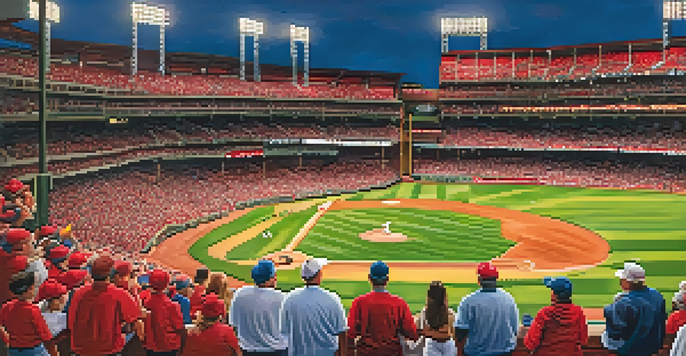 Families enjoying a baseball game at Busch Stadium with children running the bases and a sunset in the background.