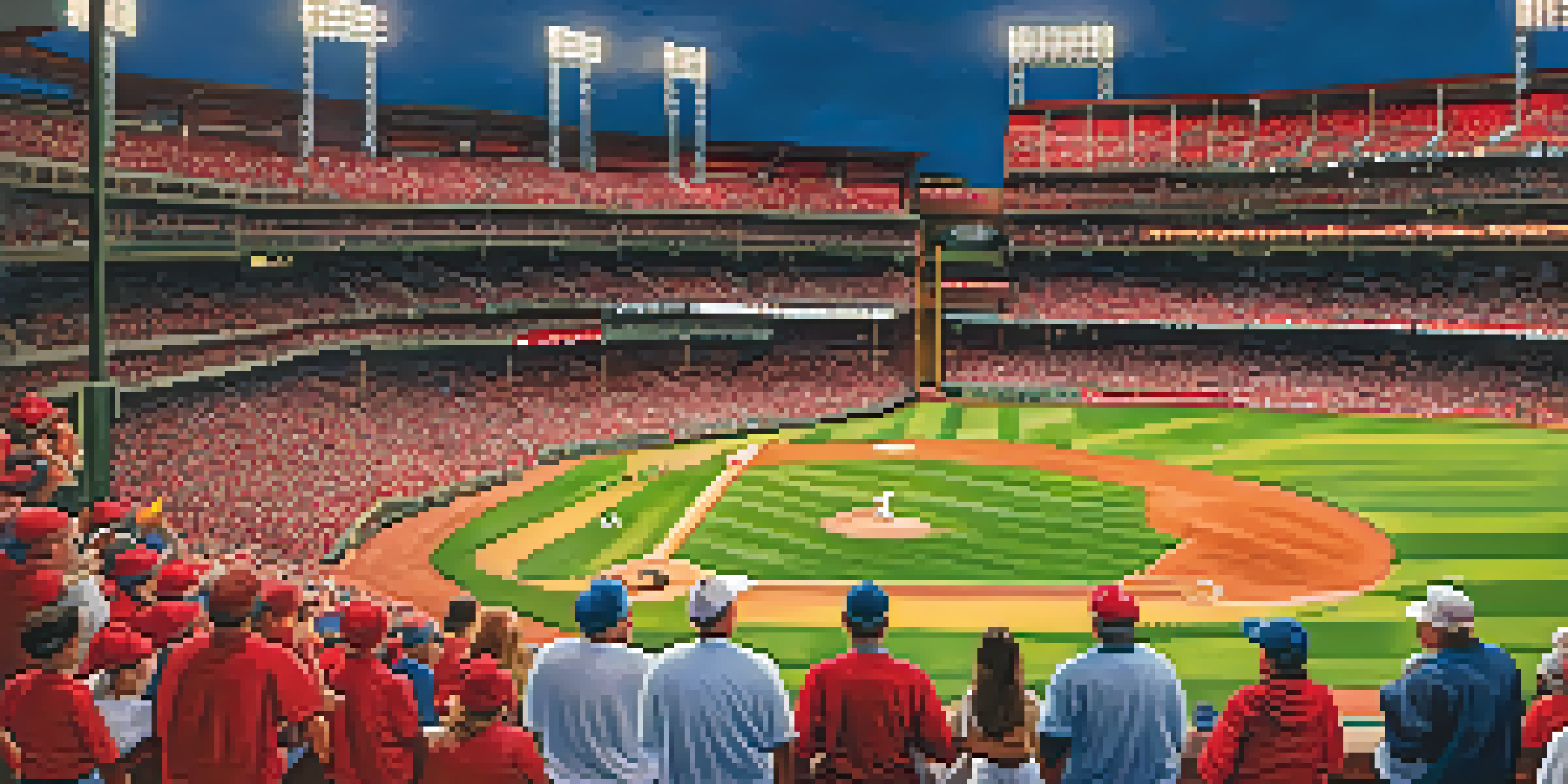Families enjoying a baseball game at Busch Stadium with children running the bases and a sunset in the background.