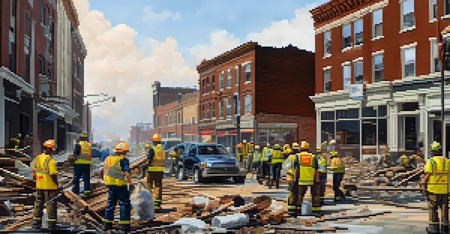 Community members working together to rebuild after the Great St. Louis Fire, showcasing resilience and collaboration.