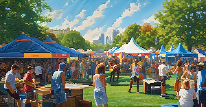 A lively outdoor music festival in St. Louis with a local band on stage and people enjoying the event under sunny skies.