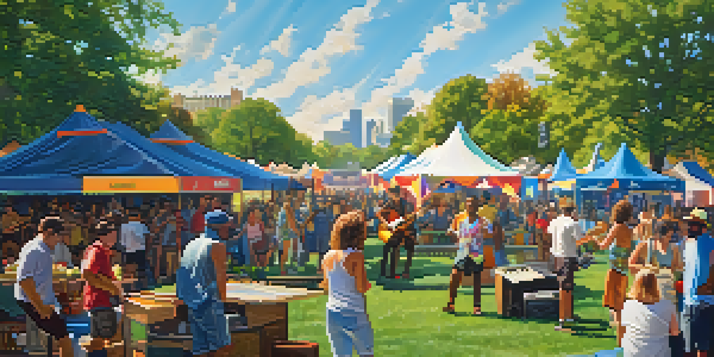 A lively outdoor music festival in St. Louis with a local band on stage and people enjoying the event under sunny skies.