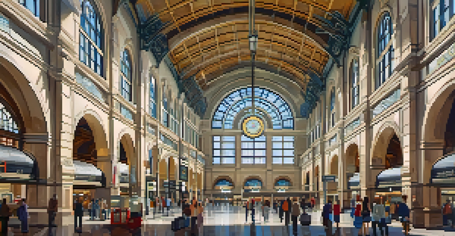 The grand hall of Historic Union Station, featuring stained glass windows and a lively atmosphere.