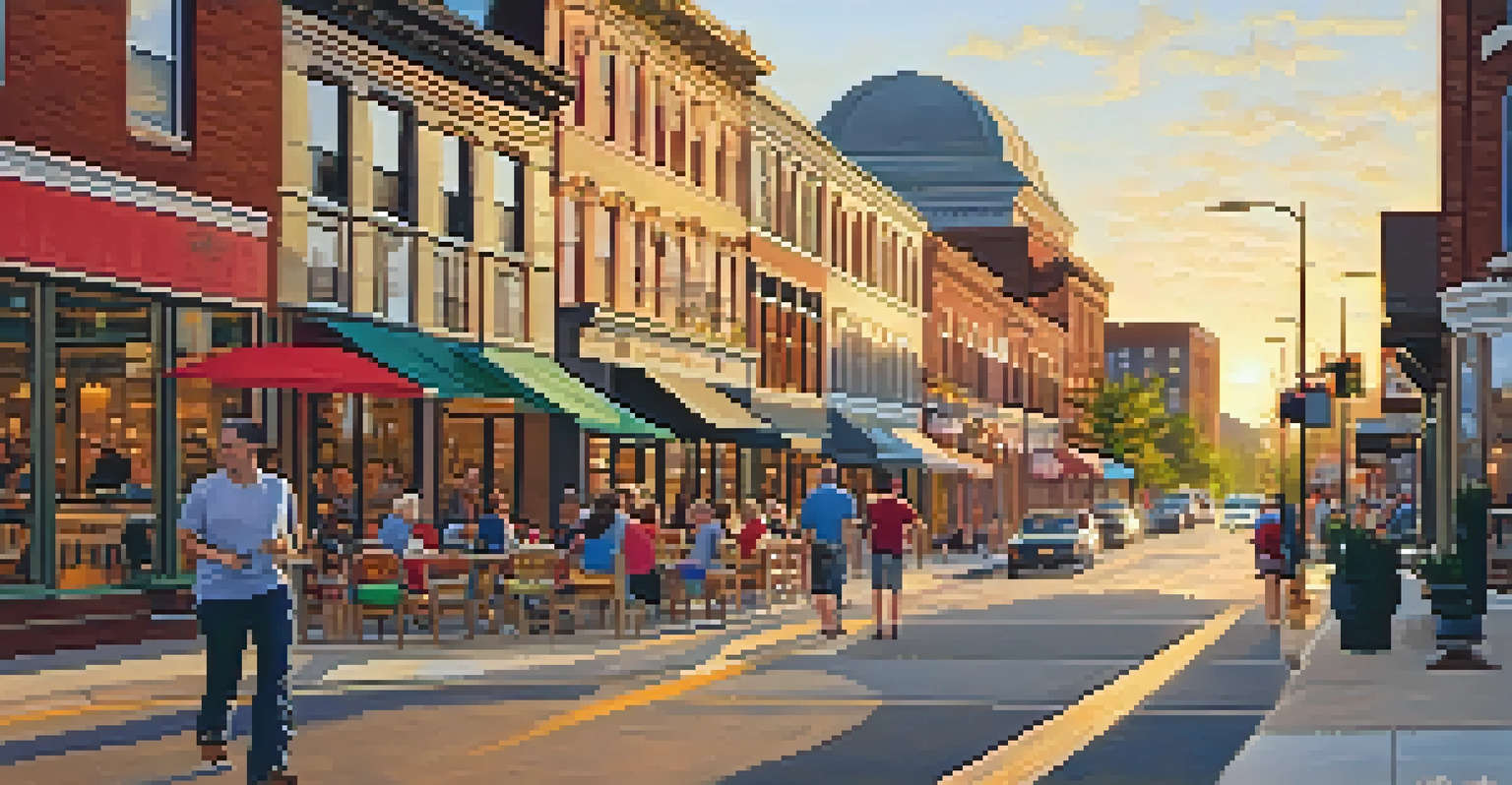 A lively pedestrian street in St. Louis filled with people and colorful shops during sunset.
