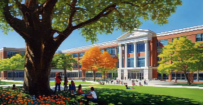 A sunny day at a community college campus in St. Louis, with diverse students studying and engaging in activities under a large tree.