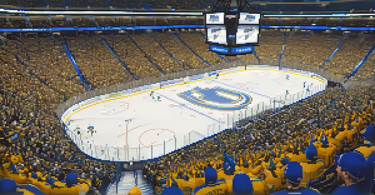 A thrilling hockey game at the Enterprise Center featuring St. Louis Blues players in action with enthusiastic fans in the stands.